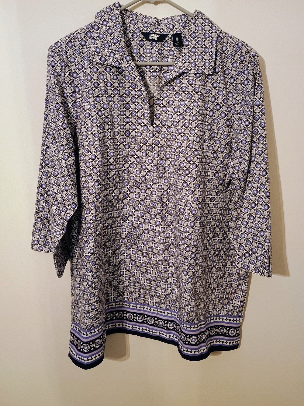 Lands' End Floral Pullover Tunic Top  in Lavender & Black Size XL Short Sleeve